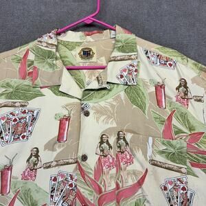 Pusser's Camp Shirt Men's L Short Sleeve Hawaiian Hula Poker Cigar Vacation AOP